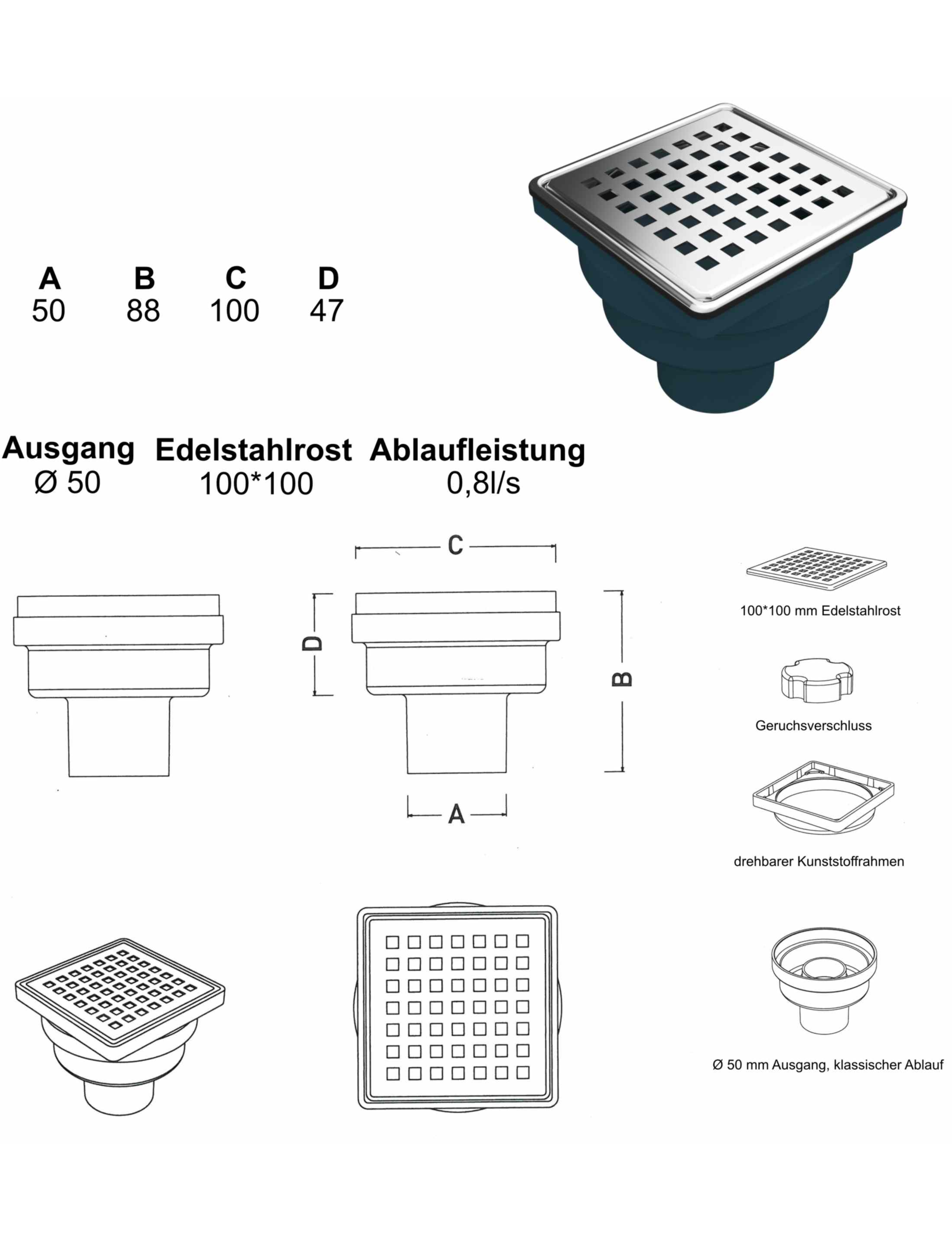 Bodenablauf Senkrecht, 100x100 mm