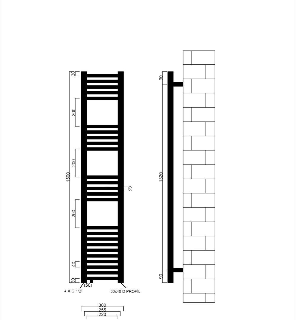 Seitliche Detailansicht, Handtuchheizkörper mit Seitenanschluss Schwarz, 300 x 1500 mm