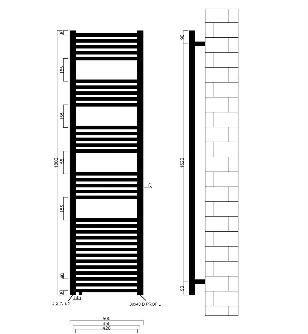 Seitliche Detailansicht, Handtuchheizkörper mit Seitenanschluss Schwarz, 500 x 1800 mm