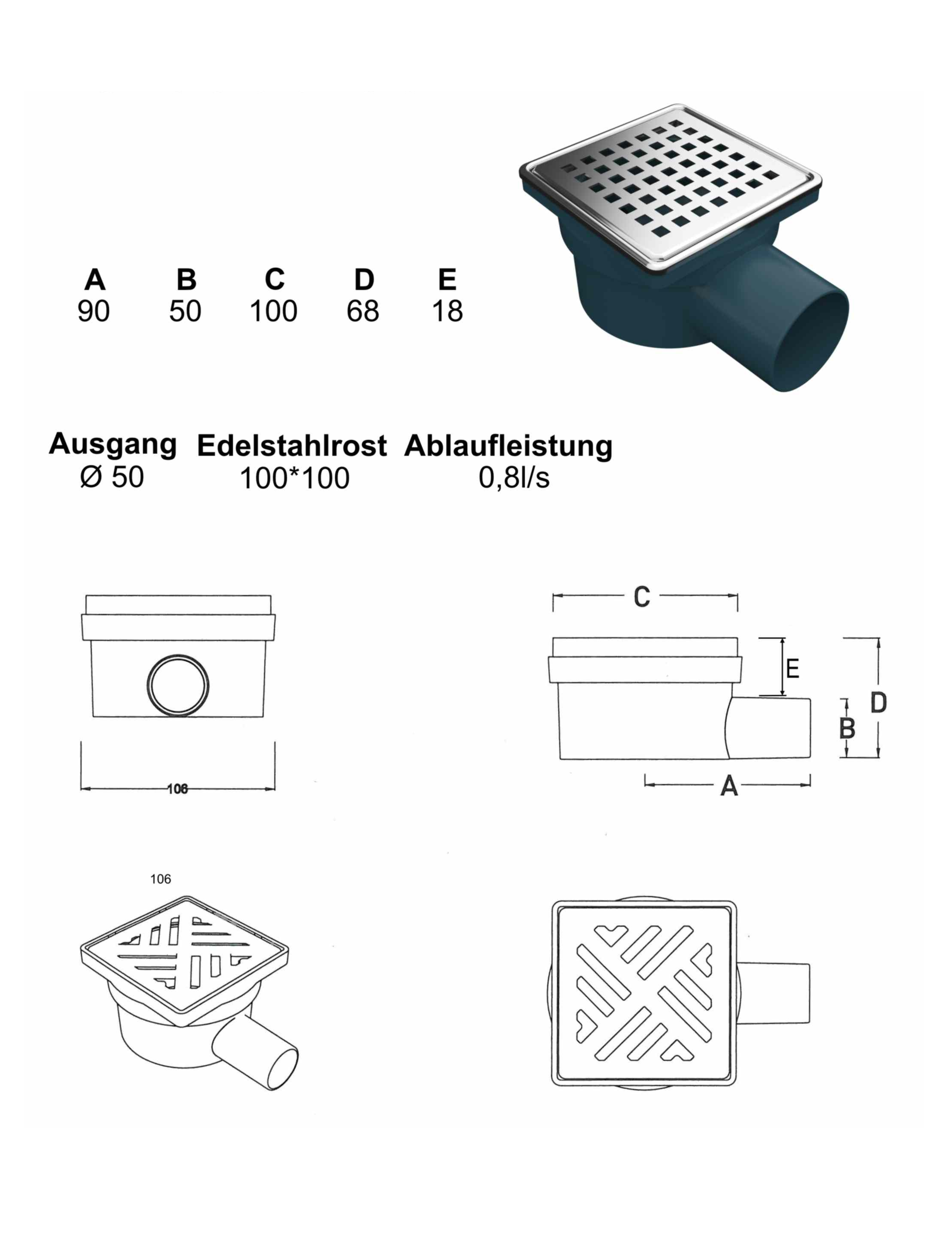 Bodenablauf Waagerecht, 100x100 mm