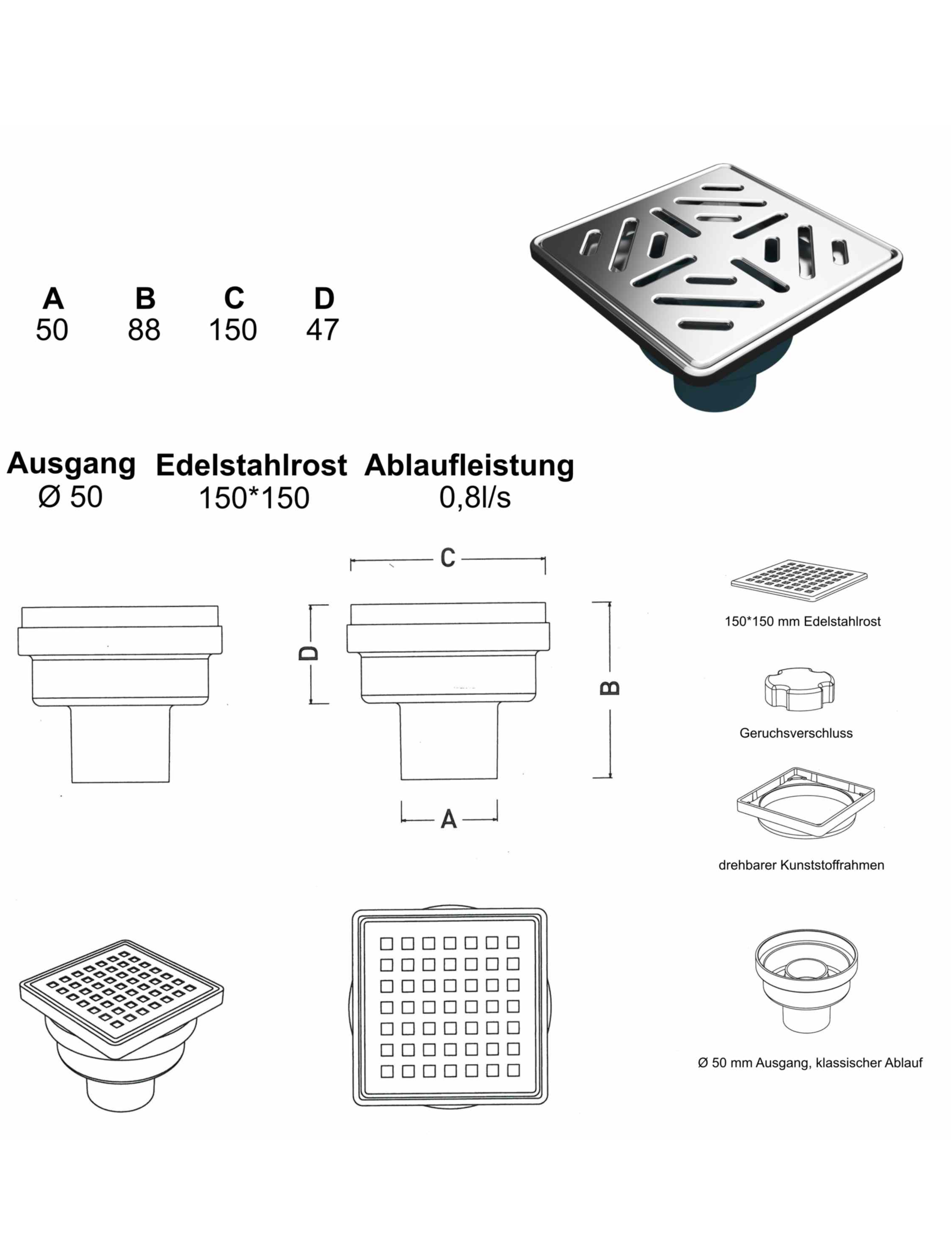 Bodenablauf Senkrecht, 150x150 mm