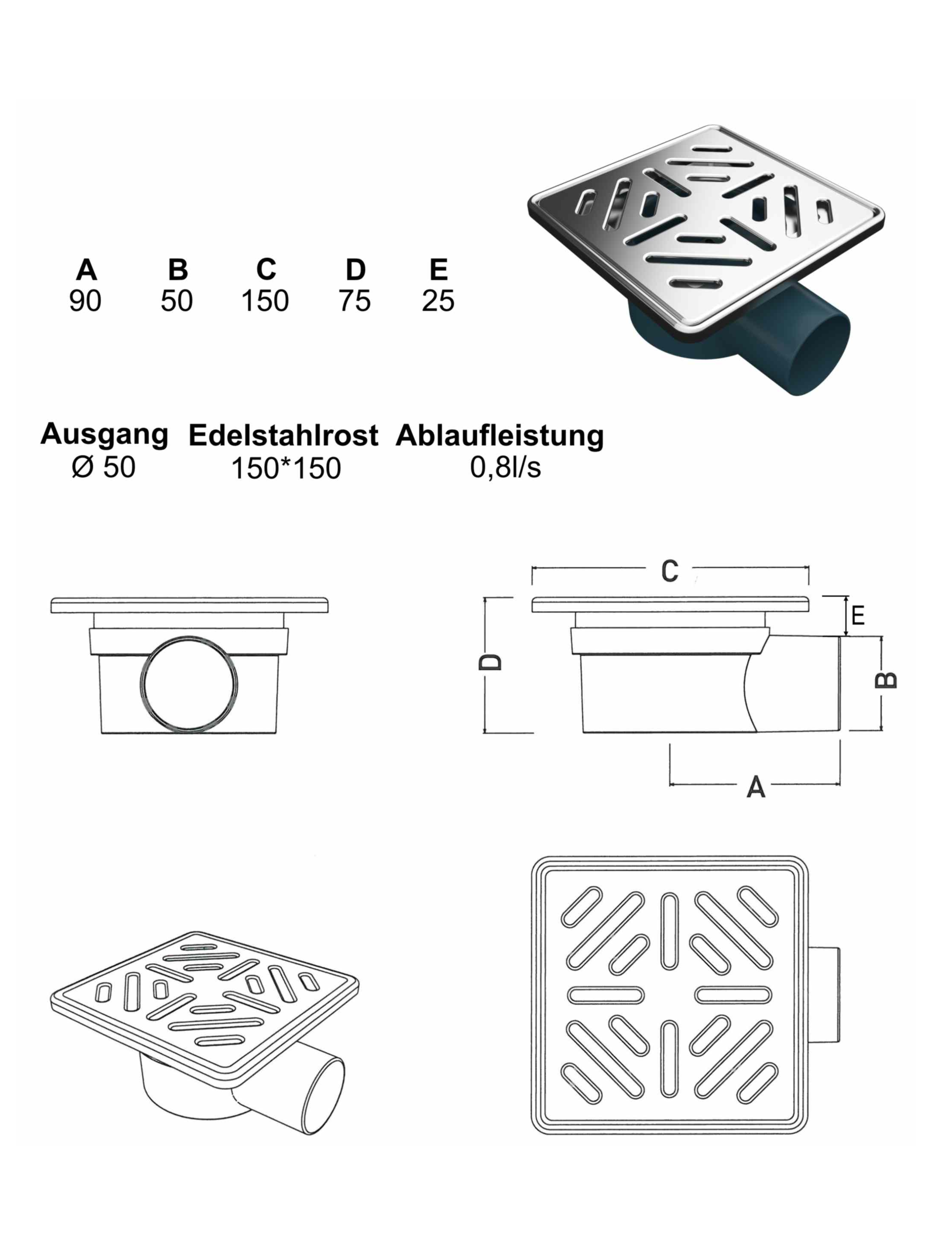 Bodenablauf Waagerecht 150x150 mm
