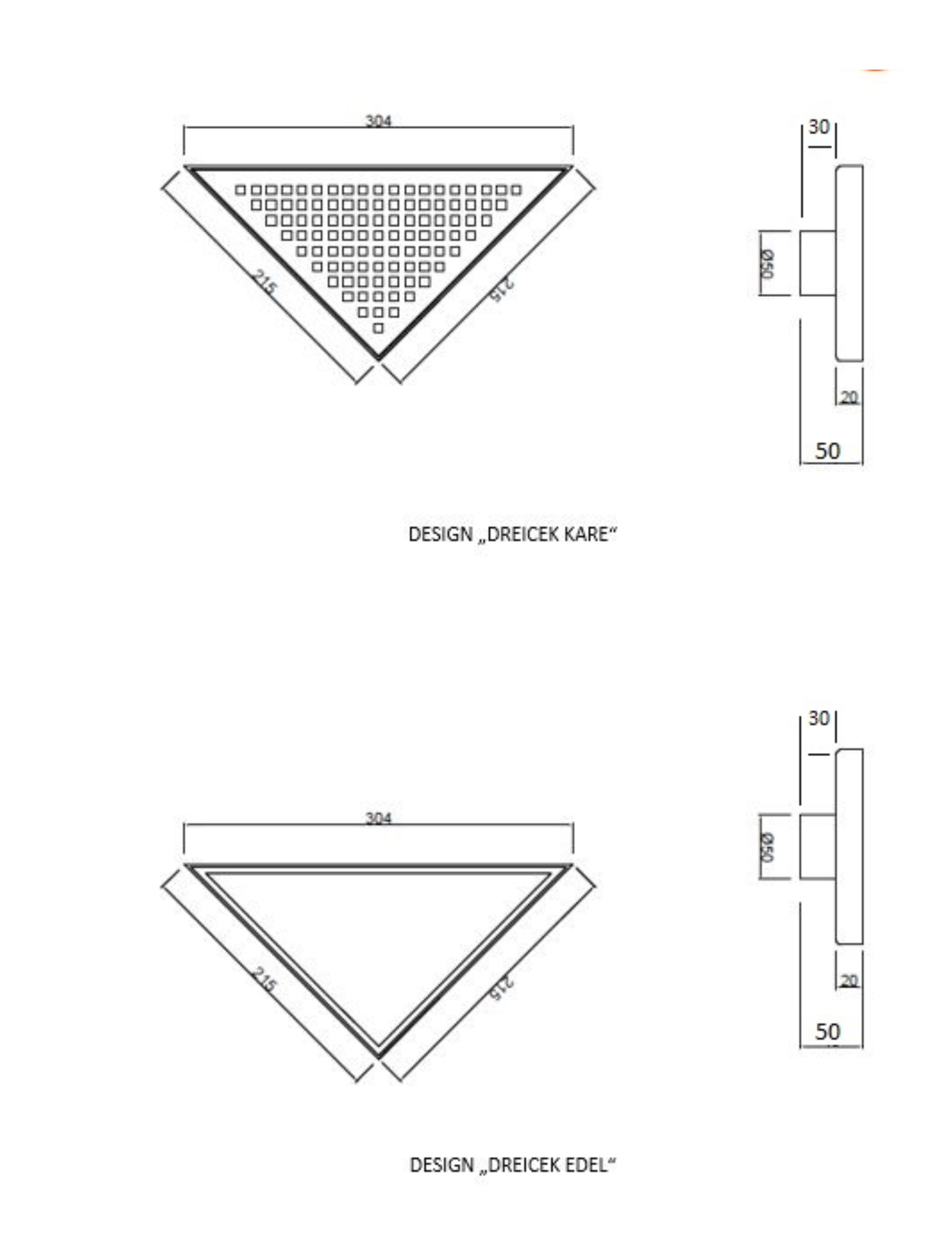 Bodenablauf Design Dreieck Kare komplett aus Edelstahl 215x215x304 mm