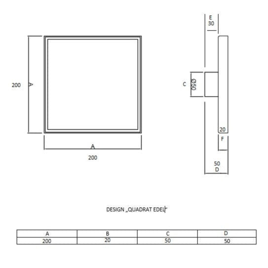 Bodenablauf Aufsatz Design "Edel" mit Edelstahlrost und Rahmen 200x200 mm
