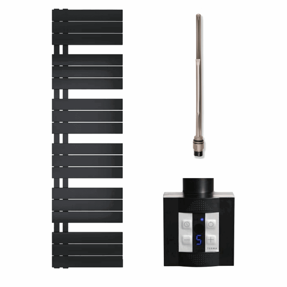 Elektro-Badheizkörper Schwarz mit KTX4-Regler, Größe 400 x 1640 mm (800 Watt), freigestellte Ansicht