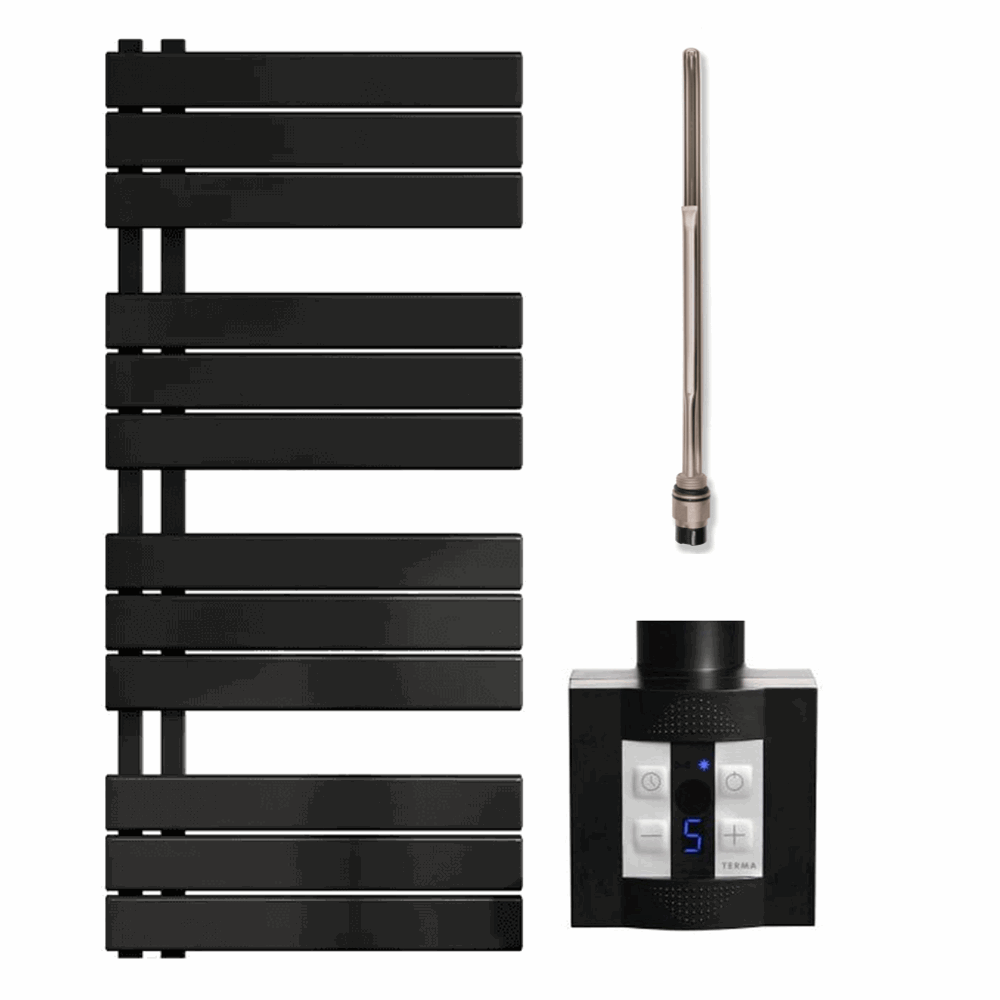 Elektro-Badheizkörper Schwarz mit KTX4-Regler, Größe 500 x 1150 mm (600 Watt), freigestellte Ansicht