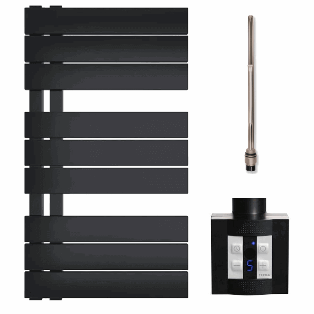 Elektro-Badheizkörper Schwarz mit KTX4-Regler, Größe 400 x 800 mm (300 Watt), freigestellte Ansicht