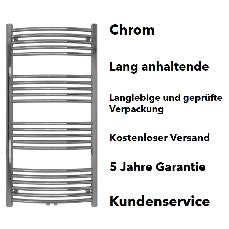 Detailaufnahme, Badheizkörper Handtuchheizkörper mit Mittelanschluss Gebogen Chrom, 400 x 1600 mm